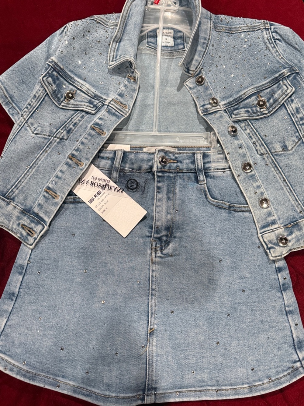Light Blue rhinestone studded Denim Jacket and Skort